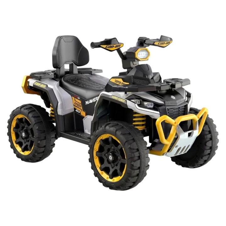 NOVOKIDS™ MonsterQuad PRO elektromos ATV akkumulátorral gyerekeknek, dallamokkal és fényekkel, hossza 113 cm, 3-8 év, max. 35 kg, EVA kerekek, 12V, 4 motor, sárga-fekete