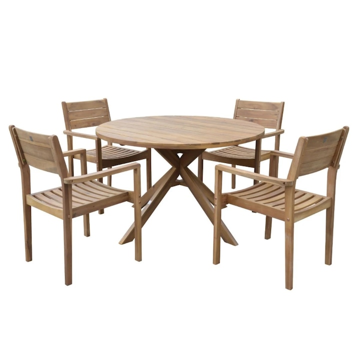Set terasa / mobilier gradina cu masa fixa, rotunda, 4 scaune, pentru exterior, Grandio Mob Richmond, lemn, maro