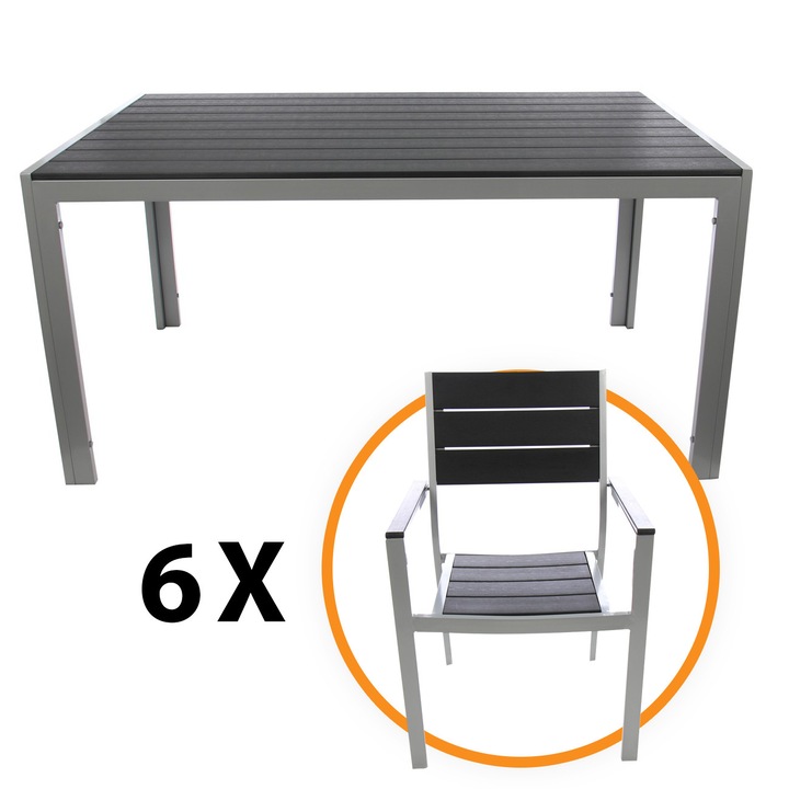 Set terasa / mobilier gradina cu masa fixa, dreptunghiulara + 6 scaune Kansas, pentru exterior, metal + plastic, gri