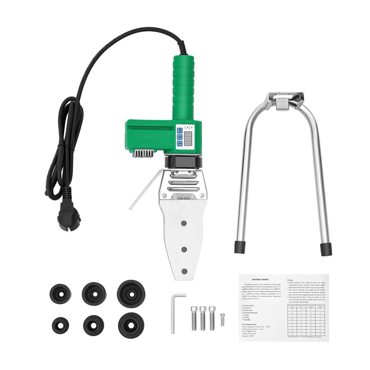 Műanyag csőhegesztő gép, Tokos hegesztőgép PPR/PE/PP/HDPE/PPC csövekhez, 1500 W, LED kijelző, 20/25/32 mm-es matricák, 25–385 °C, Hegesztési idő 5–8 mp, Rozsdavörös