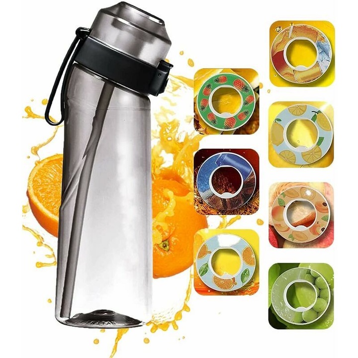 Sticlă de apă aromată Air Up, 650 ml, set cu 7 capsule, etanșă, neagră