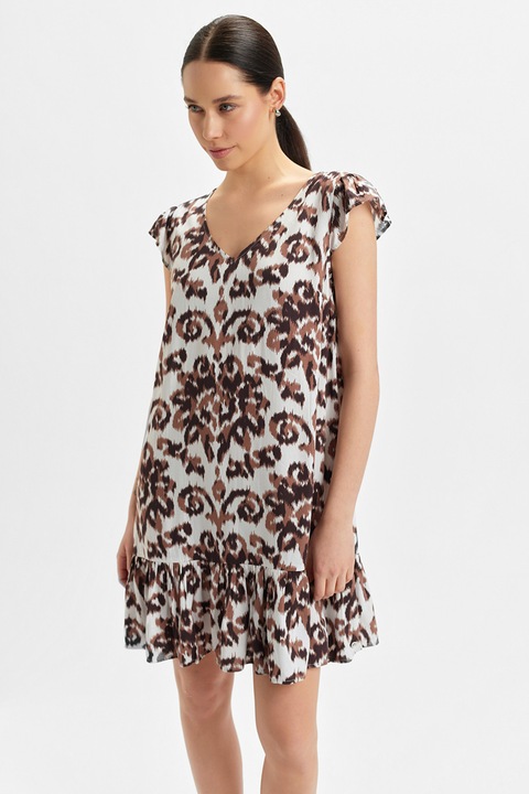 Top Secret, Rochie scurta cu decolteu in V si model, Alb/Maro