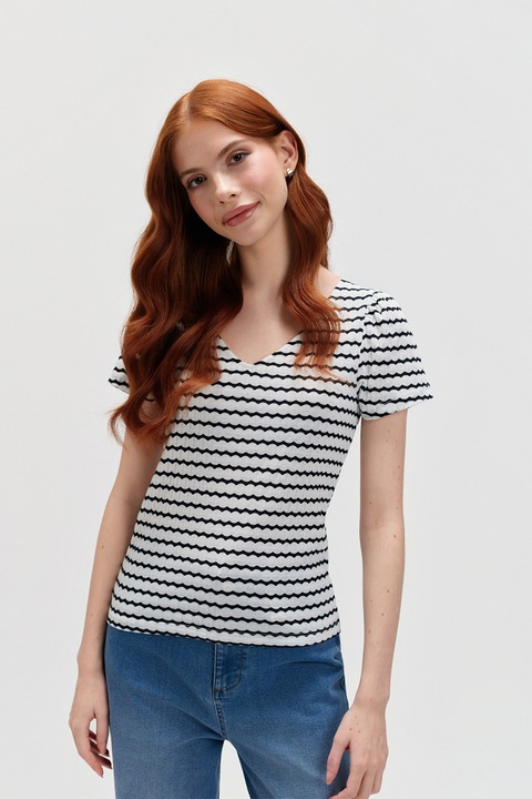 Top Secret, Tricou slim-fit cu decolteu in V, Alb/Negru