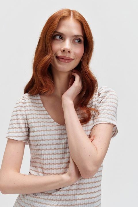 Top Secret, Tricou slim-fit cu decolteu in V, Alb/Bej