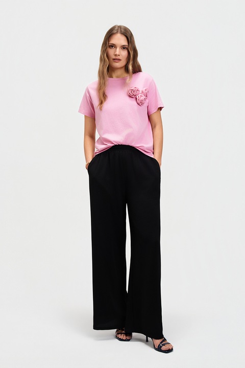 Top Secret, Tricou din bumbac cu aplicatii florale, Roz deschis