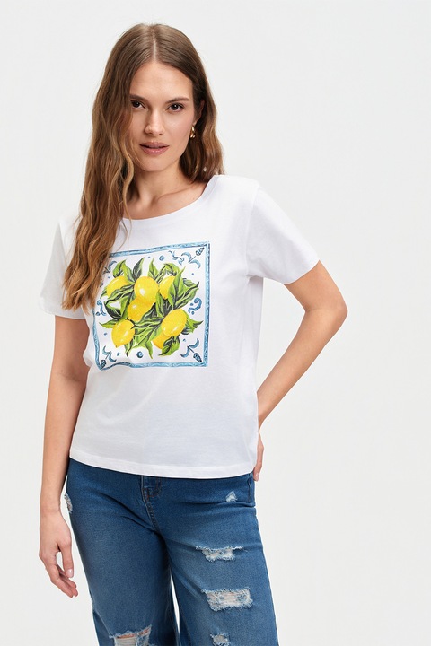 Top Secret, Tricou cu decolteu rotund si imprimeu grafic, Alb