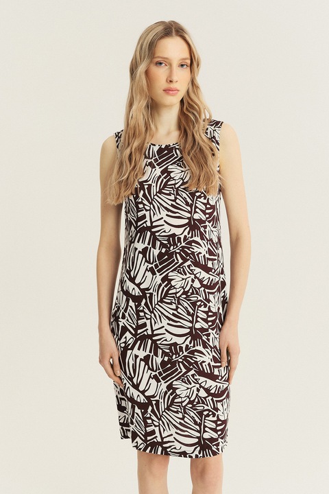 GreenPoint, Rochie cu croiala dreapta si imprimeu floral, Maro cognac/Alb optic