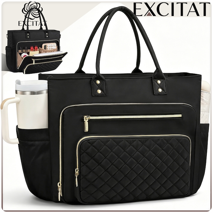 Geanta Laptop pentru Femei, Excitat®, 16.7", Multiple Compartimente Interioare, Curea de Umar Reglabila, Din Poliester Impermeabil, Universal, Negru
