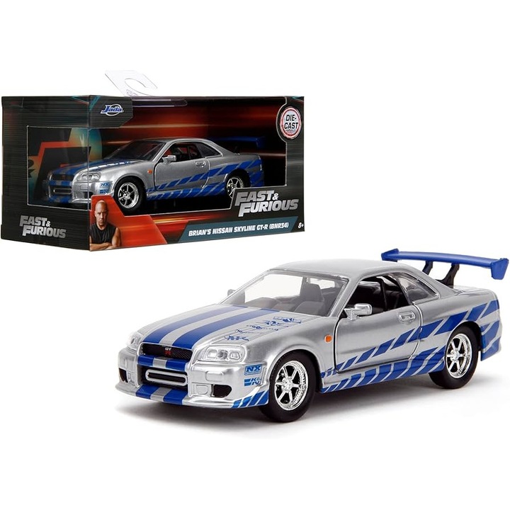 Macheta Nissan Skyline GT-R R34 gri/albastru - 1/32 Jada