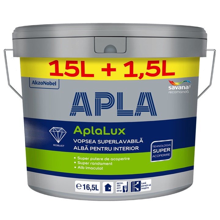 Vopsea superlavabila AplaLux alba, pentru interior, 16.5 l