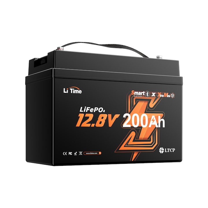Baterie solara LiTime Xtra Mini LiFePO4 de 12 V, 200 Ah, cu Bluetooth, 33, 4 × 17, 6 × 24 cm, 2560 Wh