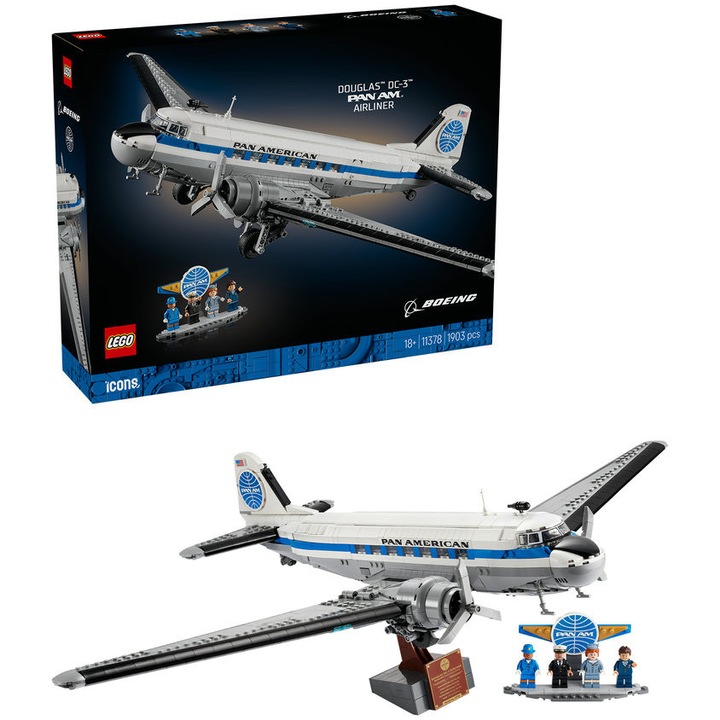Set de constructie pentru adulti LEGO® Icons Avionul de linie Douglas™ DC-3™ PAN AM® 11378, Idee de Cadou pentru Barbati si Femei, Decoratiune pentru Living sau Birou, 1903 piese
