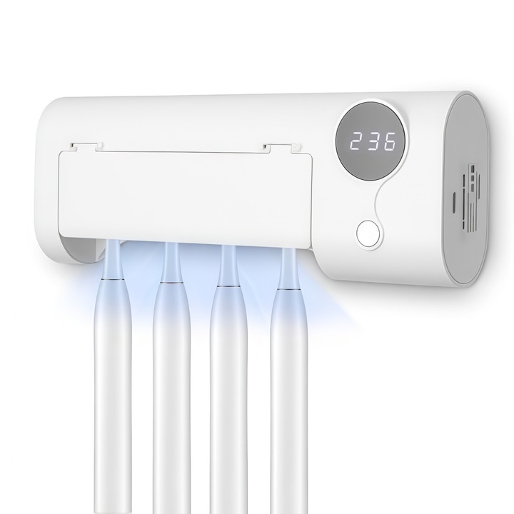 UV fertőtlenítő fogkefetartó, elektromos fogkefetartó szárító és fertőtlenítő funkcióval, USB töltő, fogkefe tároló doboz, fúrásmentes telepítés, fehér