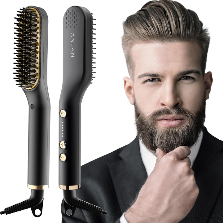 Perie electrica pentru indreptat barba si parul ANLAN, pieptene ceramic cu ioni negativi, 5 trepte temperatura, anti-frizz