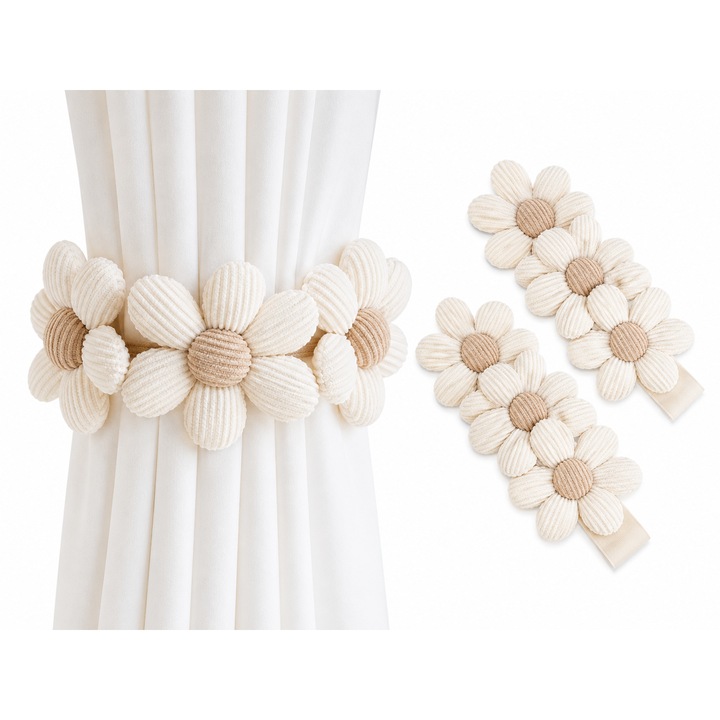 Set 2x Snururi Prindere Perdele, Anti-alunecare, Cu catarama reglabila, Design flori, Usor de instalat si detasabil, Pentru prinderea perdelei si a draperiei, Pentru sufragerie, living, dormitor, Bumbac, Bej
