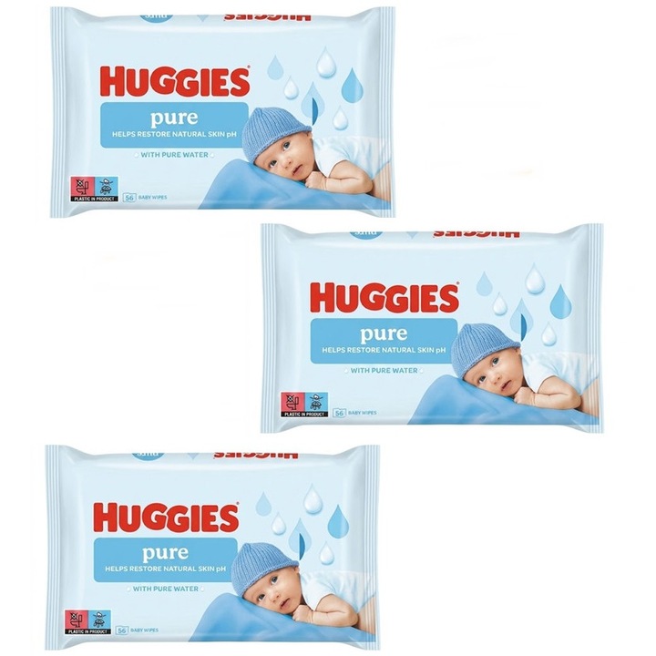 Pachet 3 x Servetele Umede pentru Bebelusi Huggies Pure cu Apa Pura, 3 x 56 buc
