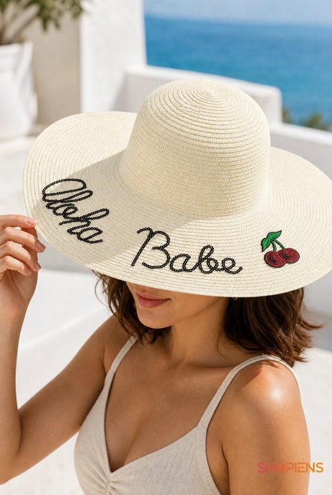 Női Kalap Elefántcsont Színű Aloha Babe Felirattal Cseresznye Applikáció Fekete Flitterekkel Széles Karima Strand Medence Nyaralás Napvédelem Boho