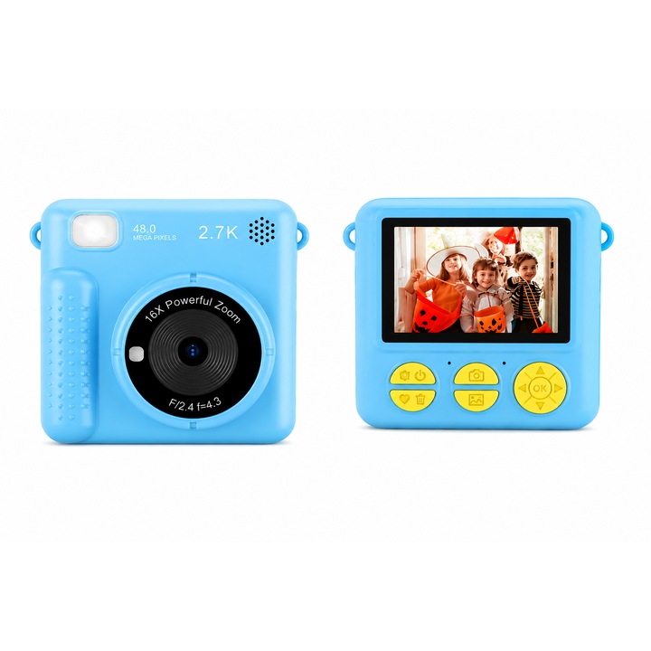 Mini fényképezőgép gyerekeknek, 48MP HD, 16X digitális zoom, 2.7K videó, ideális nyaraláshoz és ajándéknak, kék