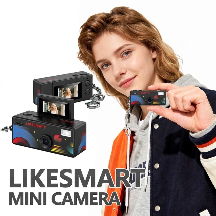 Camera Foto Video Mini Portabila LikeSmart MiniCamera, Ecran Flip 0.96”, Filmare HD 720P/1080P, Keychain Camera Retro CCD, Inregistrare Video & Audio, USB-C, Baterie Reincarcabila, Negru