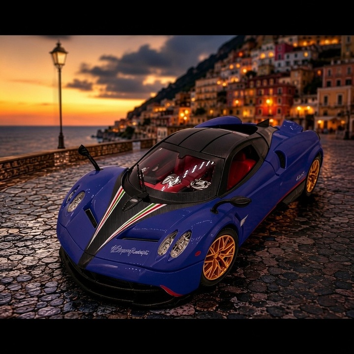 Macheta Metalica Premium Supercar Pagani Huayra, "Gullwing" típusú ajtók, Fények és Hangok, Felfüggesztés, Rugalmas Tükrök, Kék, 1:24 méretarány
