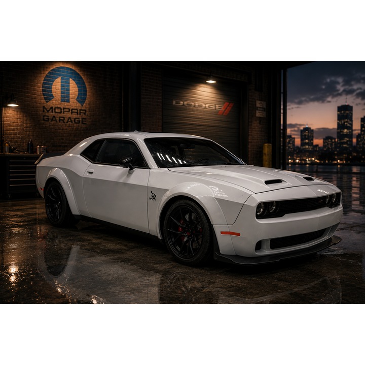 Macheta Auto Metalica Dodge Challenger SRT, Scara 1:24, Efect Real de Fum (Vaporizare), Lumini si Sunete, Suspensii Functionale, Usi, Capota si Portbagaj Mobile, Interior Perfect Original, Oglinzi Flexibile