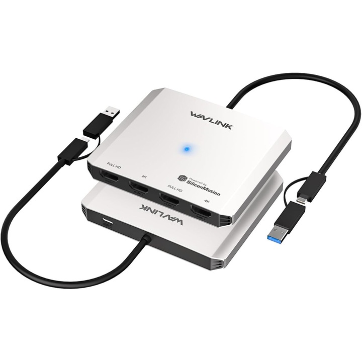 WAVLINK Quad Monitor dokkolóállomás 4x HDMI, USB-C és USB-A, MacBook Pro/Air M1 M2 M3 M4-hez, 4 monitor kiterjesztés, Dual 4K UHD + Dual Full HD 1080P, kompatibilis Windows 11/10, macOS, Thunderbolt 3/4, SMI illesztőprogram szükséges