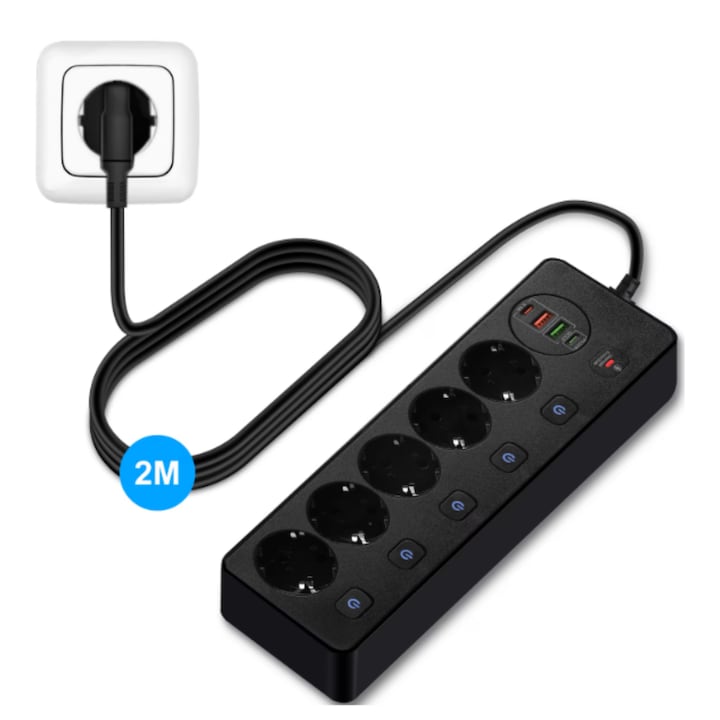 Priza cu prelungitor inteligent 9 in 1, Simply Joy, 3000W, 5 Prize AC, 2 porturi USB-A, 2 porturi USB-C, 5 Intrerupatoare Individuale, Priza Multifunctionala cu fir, Protectie Suprasarcina si Copii, Cablu 2 metri, Pentru Birou, Bucatarie, Dormitor, Casa