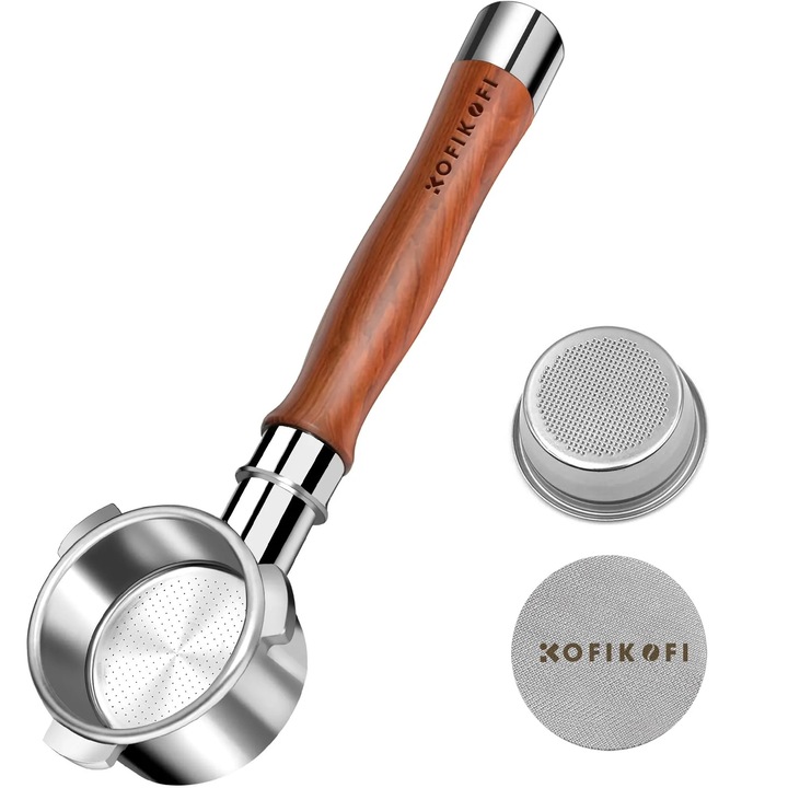 Portafiltru fara fund de 54 mm cu 3 urechi, portafiltru fara fund compatibil cu Breville/Sage Barista Express BES870/876/878/880/881/450/500/810/840, cu sita tip puc si cos de filtru de 18 g - lemn de trandafir