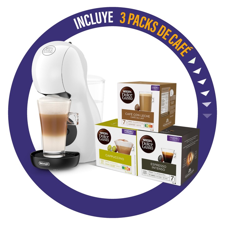 Aparat de cafea De'Longhi Nescafe Dolce Gusto Piccolo XS EDG110.WB, Include 3 pachete de capsule, Design super compact, Aparat manual de cafea pentru cafea si alte bauturi, 1500W, alb