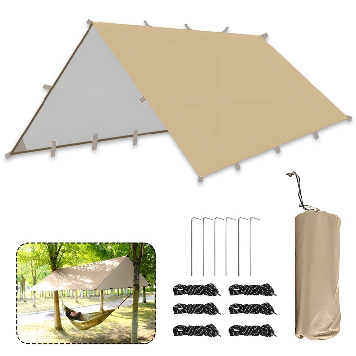 Prelata Pentru Cort Hamac, Anti-Ploaie 3mx3m, Parasolar Portabil Usor, Impermeabil, Foaie De Sol Rezistenta La Vant, Foisor De Camping, Saltea De Picnic, Adapost Solar Anti-Uv Pentru Calatorii, Plaja