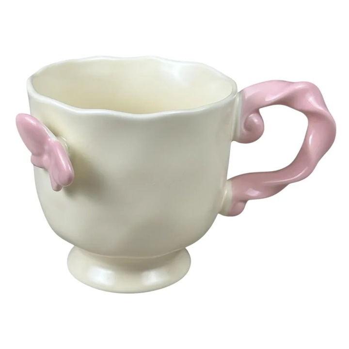 Cana din ceramica „Fluture” crem cu roz, 430 ml - Cesti din ceramica pentru Cadou Universal