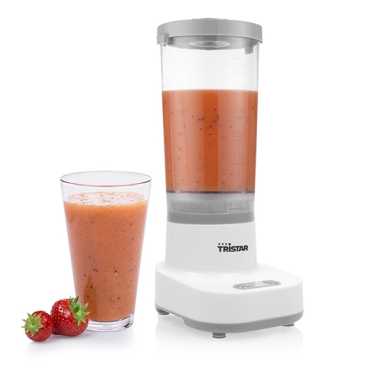 Blender Standmixer Tristar 180W 0.5L, 2 Viteze, Recipient Detasabil Transparent, Capac Umplere, Compatibil Masina Spalat, Alb Gri