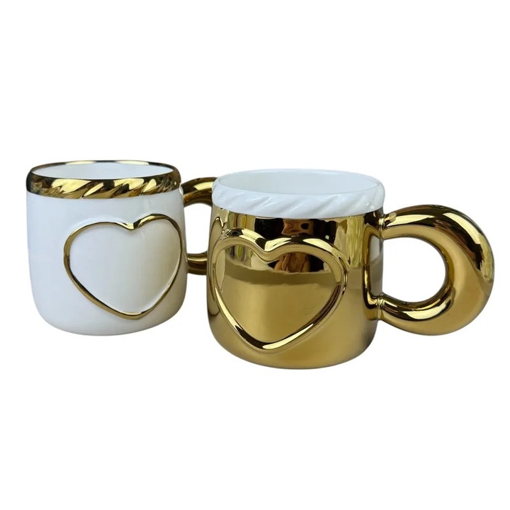 Set 2 Cani din Ceramica „Inima Gold”, 380 ml, Multicolor