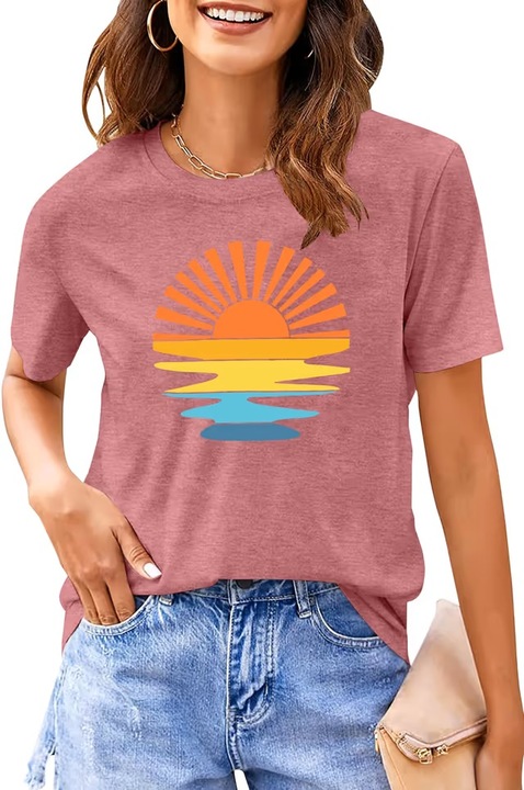Tricou de vara pentru femei, cu maneca scurta, roz, Roz