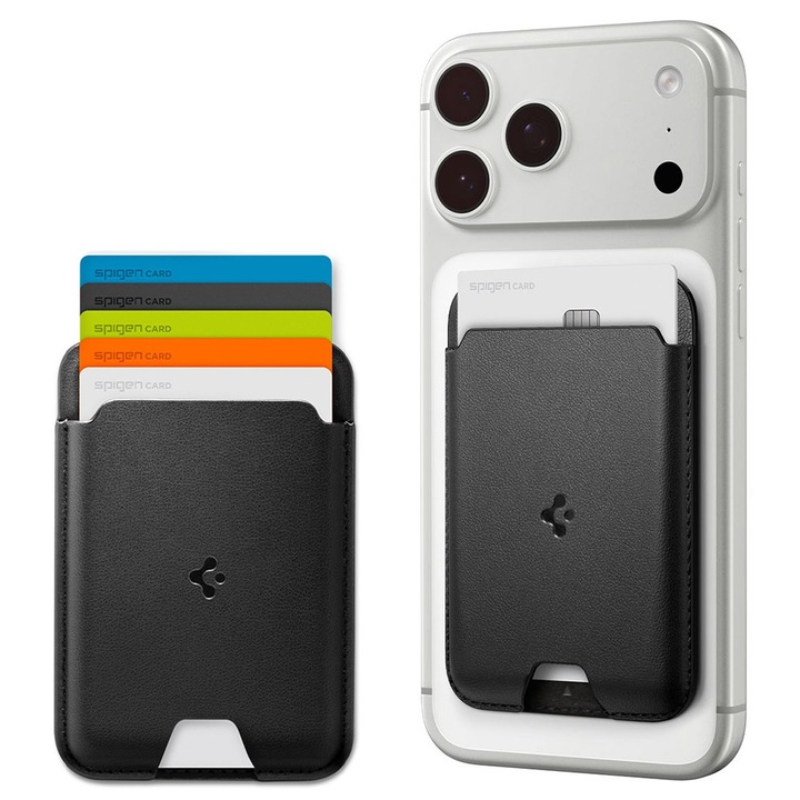 Portofel Spigen Valentinus Wallet MagFit, 5 carduri, Compatibil MagSafe, Piele ecologica, Calitate premium, Negru