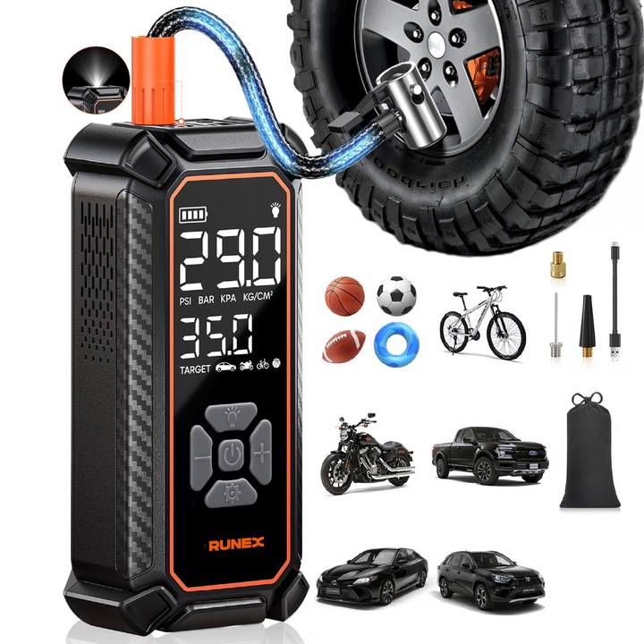 Compresor Auto Portabil 3 in 1 Runex®, 120W, 12V, Tip Baterie Externa, Capacitate 6000 mAh, Afisaj Digital LED, Oprire Automata, USB-C, Manometru, Oprire Automata, Pompa Aer Masina, Umflare Roti, Minge, Bicicleta, Lumina LED, 25 L/min, 6 Accesorii Incluse
