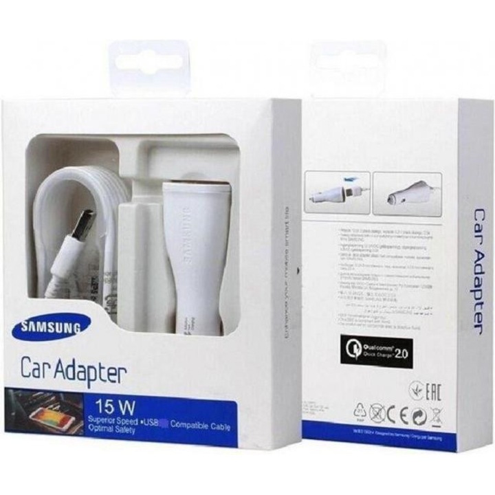 Eredeti Gyors Autós Töltő Samsung S7, S6 12V Fast Charger & micro USB EP-LN915UWE, Fehér