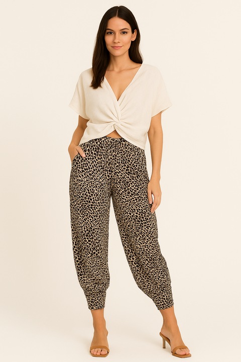 Pantaloni dama bufanti, buzunare, trei sferturi, banca elastica jos, animal print, M-L