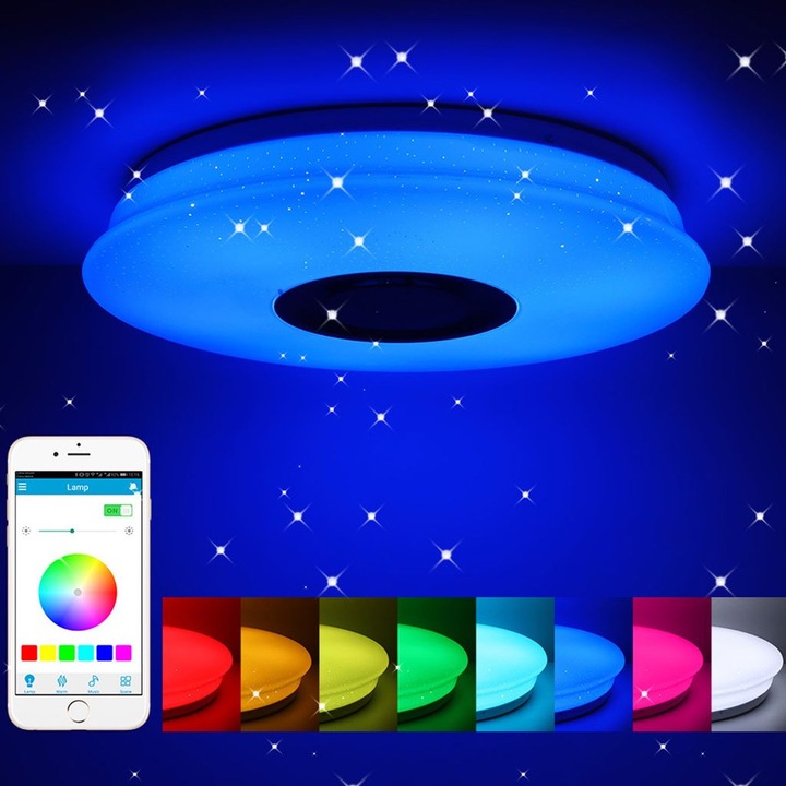 LED mennyezeti lámpa Bluetooth hangszóróval, RGB színváltás, alkalmazásvezérlés, többszínű, 30x30cm