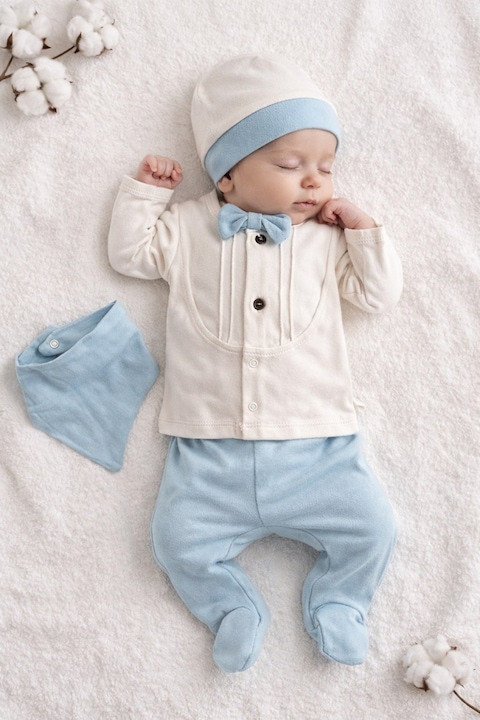 Set nou nascut elegant bumbac 5 piese vernil cu papion pantaloni caciula baveta manusi, 0-3 luni, Baieti