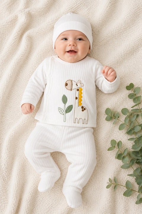 Compleu bebe alb cu caciulita si broderie girafa din bumbac ribat premium, 0-3 luni, Baieti