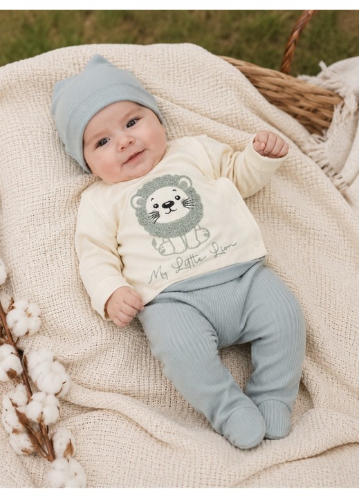 Set bebe 3 piese verde din bumbac cu bluza pantalon si caciulita my little lion, 0-3 luni, Baieti