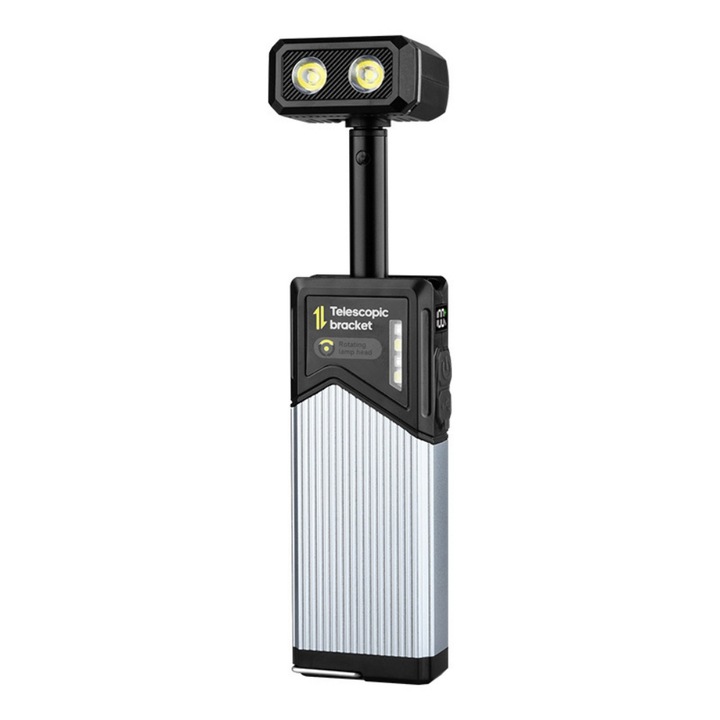 Lampa multifunctionala pentru camping, rotativa si extensibila la 180°, rezistenta la apa, cu mai multe niveluri de luminozitate, autonomie extinsa, 144 × 42 × 28 mm, negru