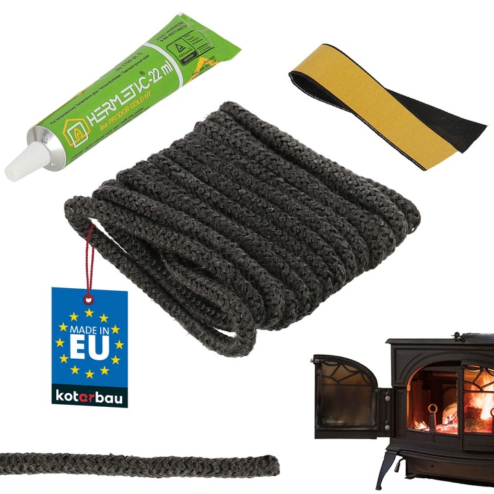 KOTARBAU® Garnitura pentru semineu, fibra de sticla, ⌀ 6 mm, 2, 5 m, cu adeziv, franghie rezistenta la temperaturi ridicate, kit de reparatie, Garnitura pentru soba pe peleti, negru
