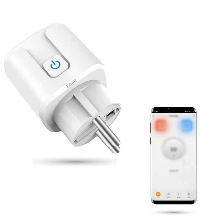 EDAR Intelligens Aljzat Telefonos Alkalmazással, Energiafogyasztás Figyelés, Hangvezérlés Amazon Alexa és Google Assistant Segítségével, 16A, Fehér