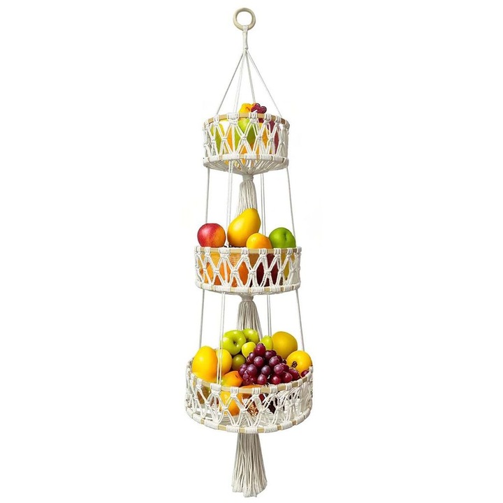 Cos suspendat din sfoara de bumbac, trei niveluri, natural, 5 kg capacitate