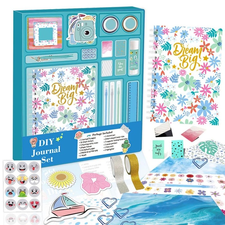 Set creativ jurnal DIY copii, caiet spiralat, accesorii, albastru, 38.5x32.4x2.5cm