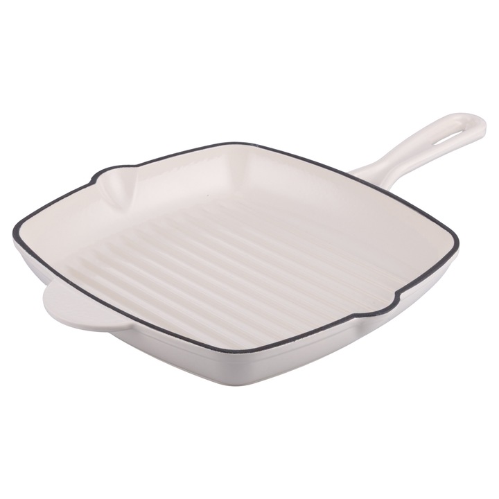 Tigaie grill din fonta, VdE Tivoli 1996, fonta emailata, 2 ciocuri laterale, compatibila cu toate tipurile de gatit, 27x27x4, 5 cm, White