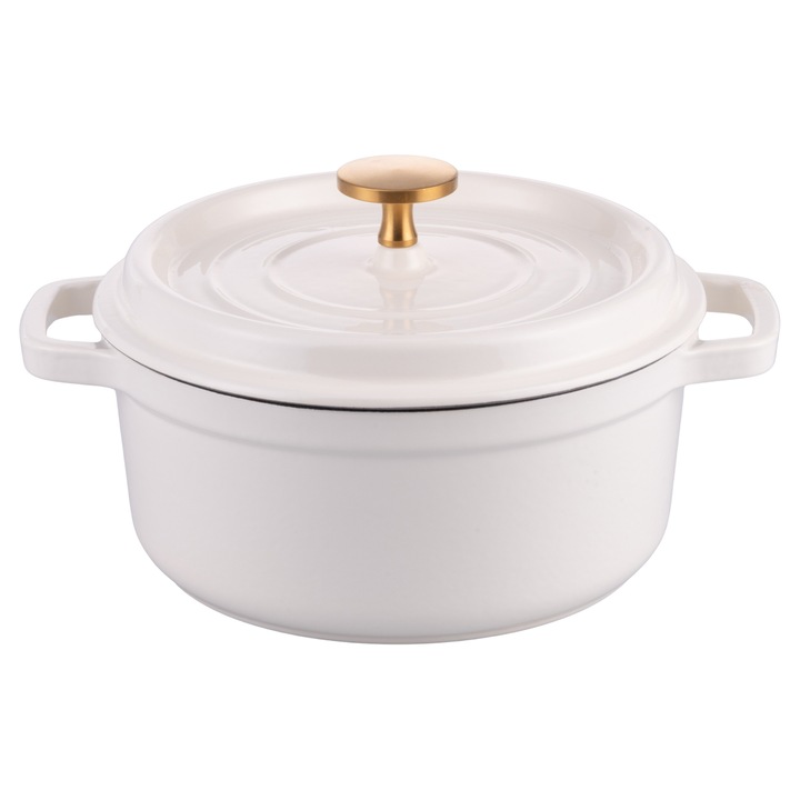 Oala din fonta, VdE Tivoli 1996, fonta emailata si maner din otel inoxidabil, 2 manere, compatibila cu toate tipurile de gatit, capacitate 2L, White