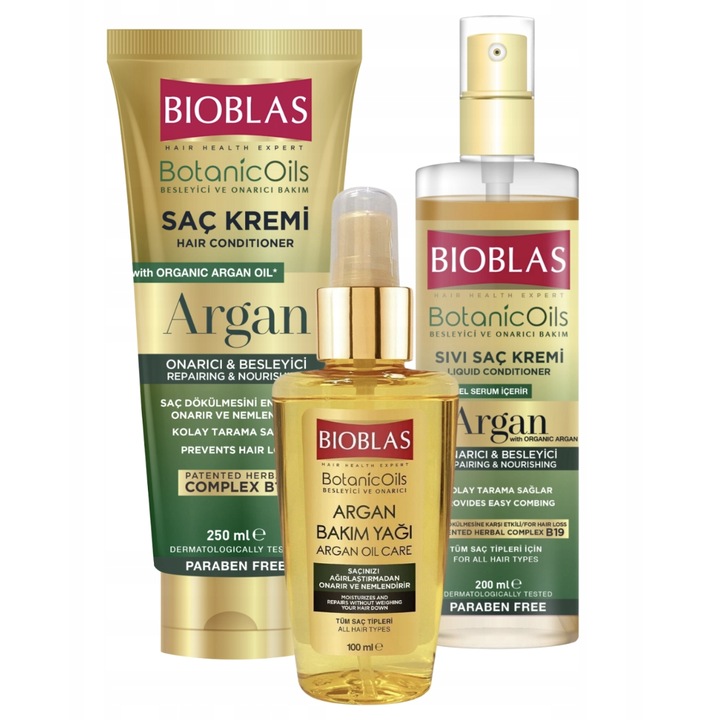 Bioblas (by Bioxcin) Botanic Oils szett argánnal a haj regenerálására és hajhullás ellen: Balzsam 250 ml + Hajban maradó balzsam spray 200 ml + Hajolaj 100 ml